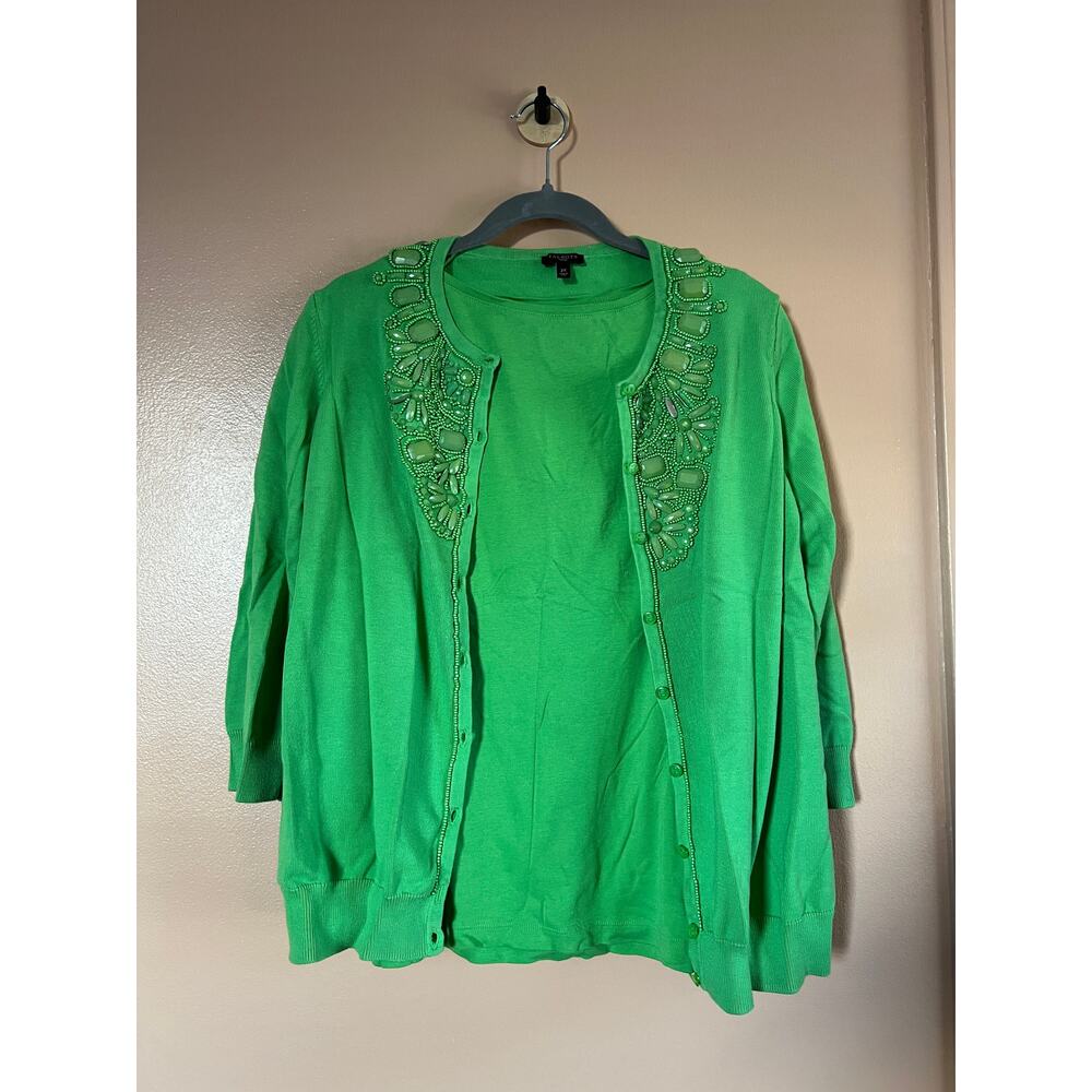 Talbots Woman Green Cardigan Tank Set 2X Plus | Kelly Green Twinset 60% Cotton
